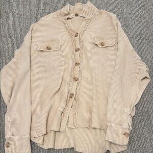 Beige Button-Up Waffle Knit Shirt Free People